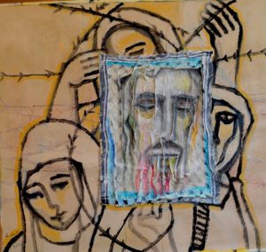 الرسم 11 فيرونيكا القديسة من فلسطين )شخصيّة جدّي نايف الحاج(، 2012 خرقة قماش، جيسو وأكريليك على ورق 53X73 سم